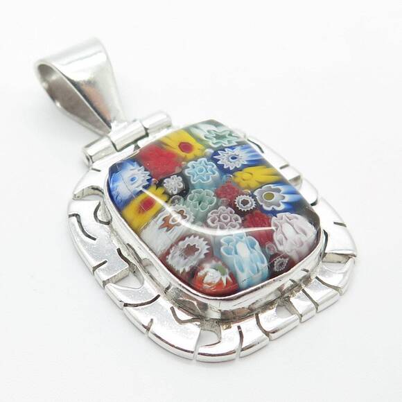 950 Silver Vintage Multi-Color Glass Floral Pendant - Picture 4 of 8